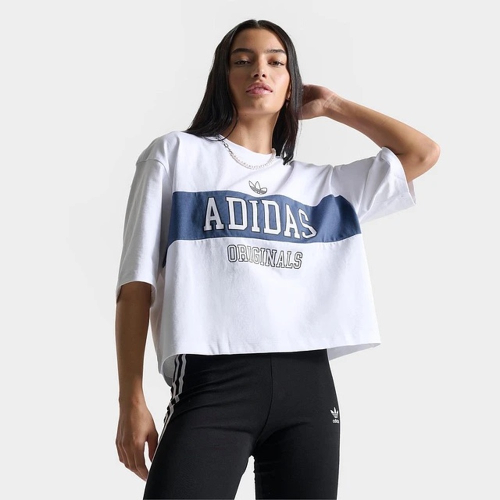 adidas Originals White Cropped Tee with Navy Logo Band